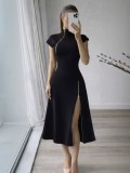 Slim Fit Waist-Cinching Zipper Slit Dress