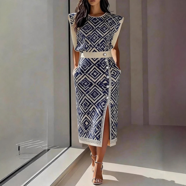 Fashion Women’s Printed Sleeveless Top and Slit Maxi Skirt Set