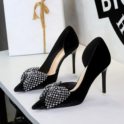 Rhinestone Bow Pointed-Toe Side Cutout Velvet Flats