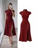 Slim Fit Waist-Cinching Zipper Slit Dress
