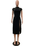 Slim Fit Waist-Cinching Zipper Slit Dress