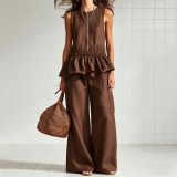 Sleeveless Ruched Tank Top and Wide-Leg Pants Casual Set