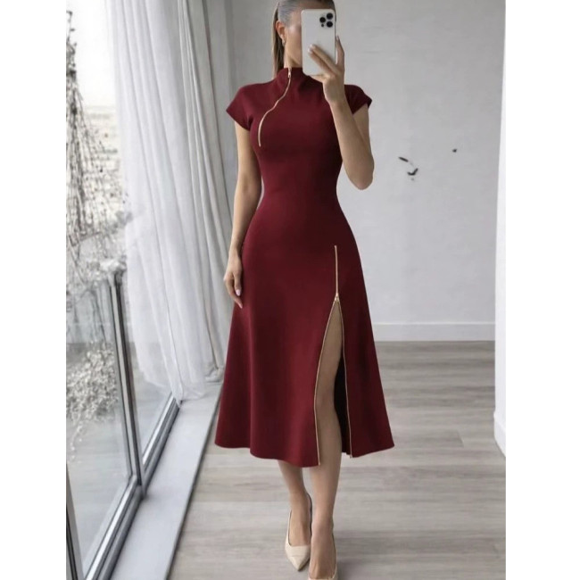 Slim Fit Waist-Cinching Zipper Slit Dress