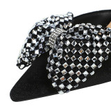 Rhinestone Bow Pointed-Toe Side Cutout Velvet Flats