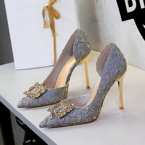 Rhinestone Square Buckle Side Cutout Ultra-High Satin Stiletto Heels