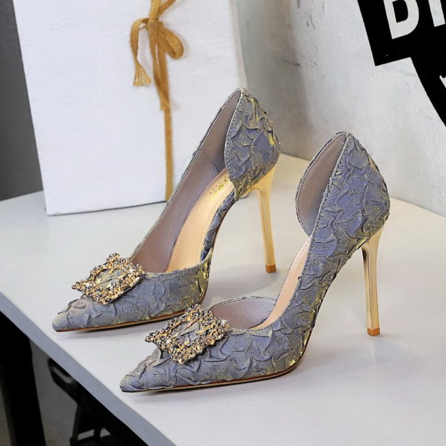 Rhinestone Square Buckle Side Cutout Ultra-High Satin Stiletto Heels