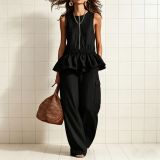 Sleeveless Ruched Tank Top and Wide-Leg Pants Casual Set