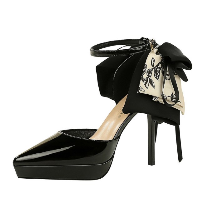 Patent Leather Pointed-Toe Buckle Strap Cutout Platform High Heels with Large Bow Ribbon