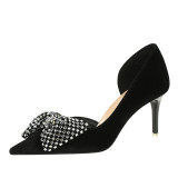 Rhinestone Bow Pointed-Toe Side Cutout Velvet Flats