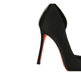 Rhinestone Flower Pointed-Toe Side Cutout Red Sole Satin Heels