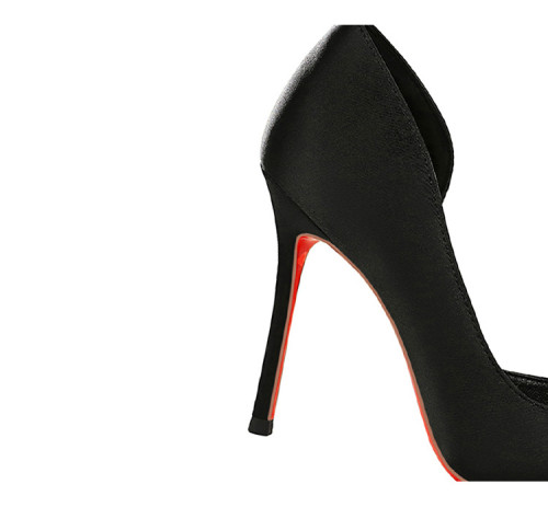 Rhinestone Flower Pointed-Toe Side Cutout Red Sole Satin Heels