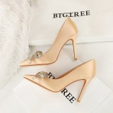 Champagne Satin Rhinestone Bow Pointed-Toe Slip-On High Heels