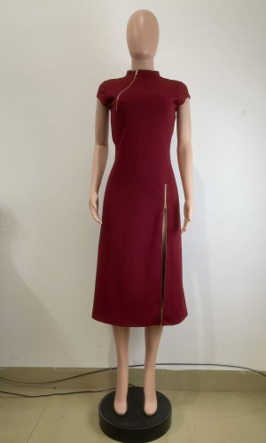 Slim Fit Waist-Cinching Zipper Slit Dress