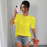 Unique Casual Hollow Lace Puff Sleeve Shirt
