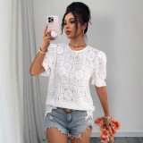 Unique Casual Hollow Lace Puff Sleeve Shirt