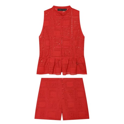 Trendy Knot-Detail Textured Lace Top & Lace Casual Shorts Set
