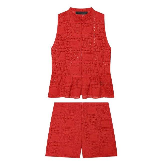 Trendy Knot-Detail Textured Lace Top & Lace Casual Shorts Set