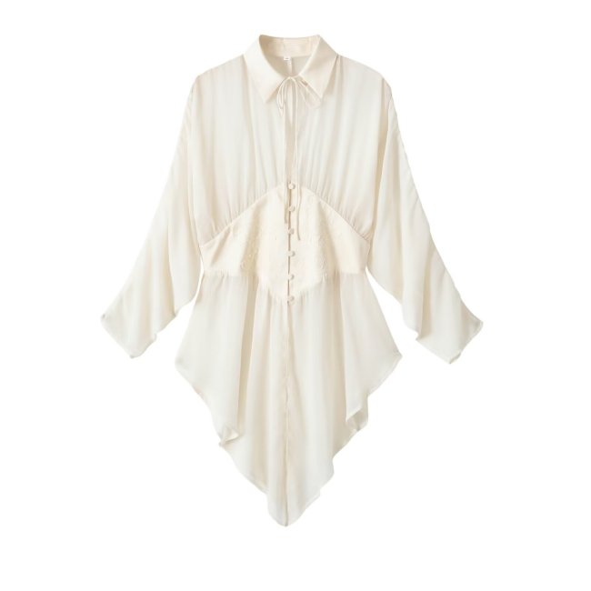 Batwing Long Sleeve Chiffon Waist-Cinched Shirt