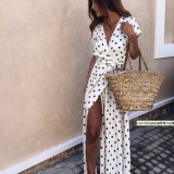 Short Sleeve V-Neck Low-Cut Printed Polka Dot Dress