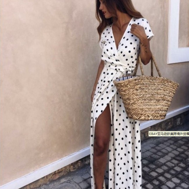 Short Sleeve V-Neck Low-Cut Printed Polka Dot Dress