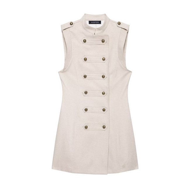 Stand Collar Napoleon Style Linen Mini Dress