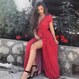 Short Sleeve V-Neck Low-Cut Printed Polka Dot Dress