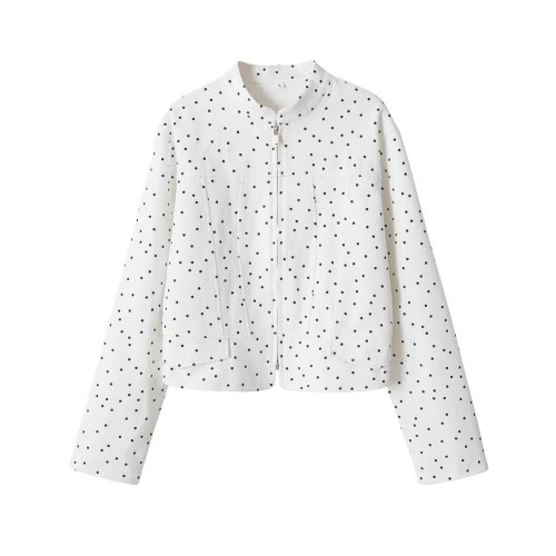 Long Sleeve Round Neck Polka Dot Waist-Cinched Jacket