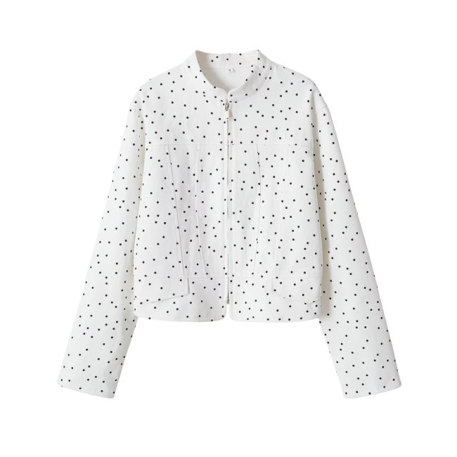 Long Sleeve Round Neck Polka Dot Waist-Cinched Jacket