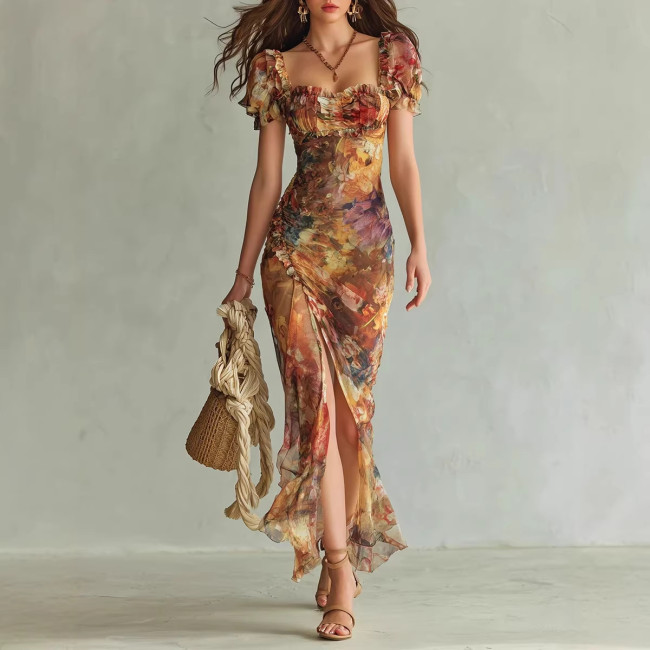 V-Neck Waist-Cinching Ruffle Hem Dress