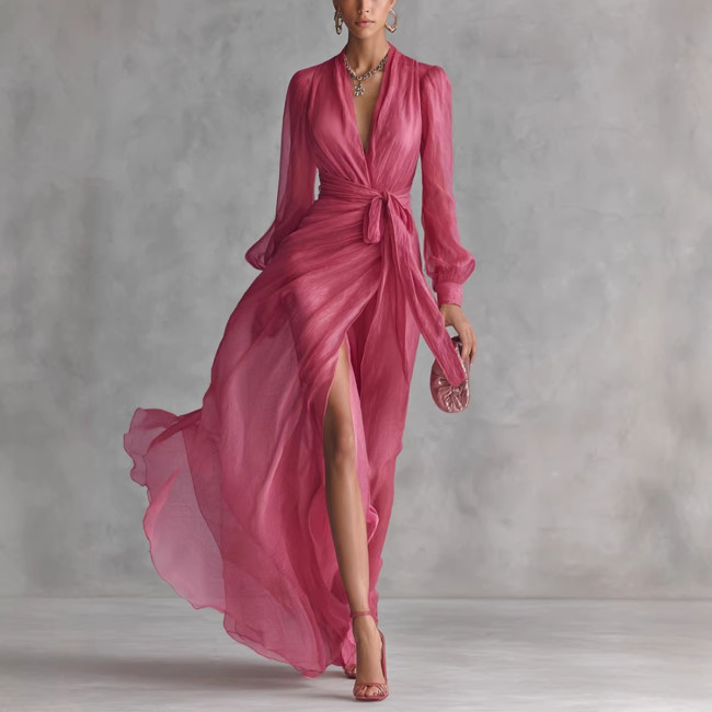 V-Neck Split Waist Long Sleeve Flowing Solid Color Maxi Dress