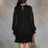 V-Neck Waist-Cinching Ruffle Hem Black Dress