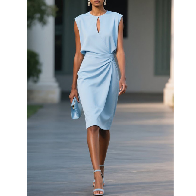Vintage Chic Cross-Front Solid Color Knot Neck Hollow-Out Dress