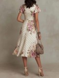 Printed V-Neck Waist-Tie Ruffled Dress