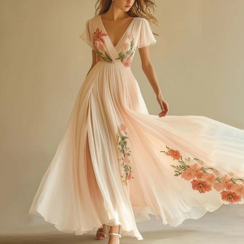 V-Neck Short Sleeve Digital Print Maxi Dress