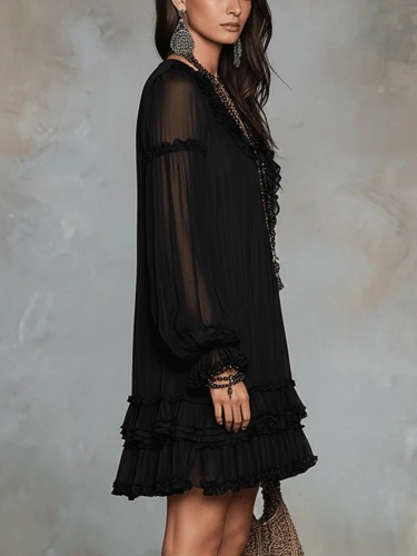 V-Neck Waist-Cinching Ruffle Hem Black Dress