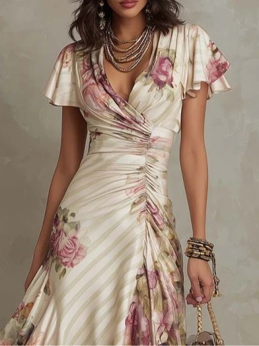 Printed V-Neck Waist-Tie Ruffled Dress