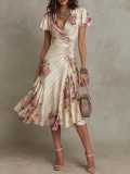 Printed V-Neck Waist-Tie Ruffled Dress