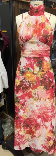 Elegant Floral Halter Neck Sleeveless Chiffon Dress