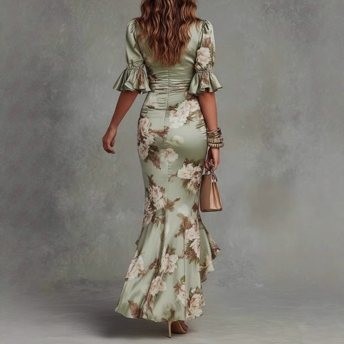 V-Neck Slim Fit Long Floral Ruffle Hem Dress