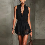 Elegant Deep Blue Lace-Trimmed Sleeveless V-Neck Mini Dress