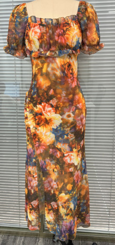 V-Neck Waist-Cinching Ruffle Hem Dress