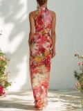 Elegant Floral Halter Neck Sleeveless Chiffon Dress