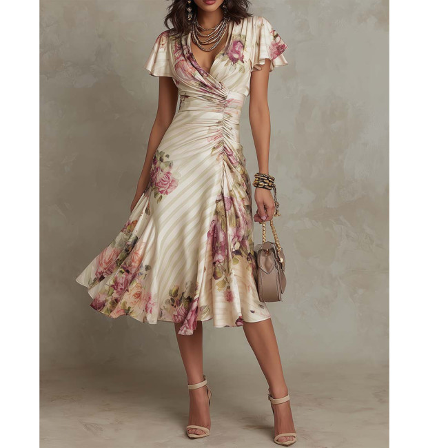Printed V-Neck Waist-Tie Ruffled Dress