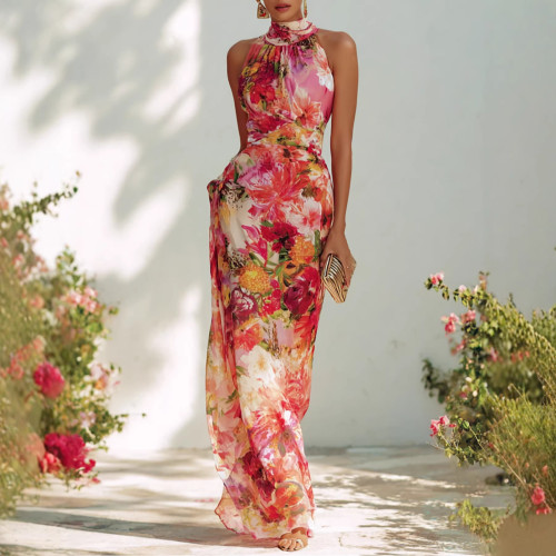 Elegant Floral Halter Neck Sleeveless Chiffon Dress