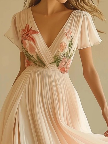 V-Neck Short Sleeve Digital Print Maxi Dress