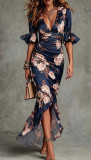V-Neck Slim Fit Long Floral Ruffle Hem Dress