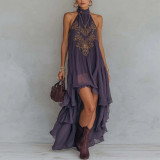 Purple Embroidered High Neck Sleeveless Ruffled Maxi Dress