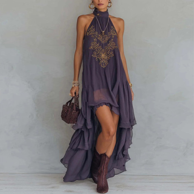 Purple Embroidered High Neck Sleeveless Ruffled Maxi Dress