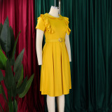 Chic Solid Color Ruffled Hem Short Sleeve Doll Collar Dress