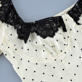 Square Neck Lace Trim Polka Dot Puff Sleeve Blouse